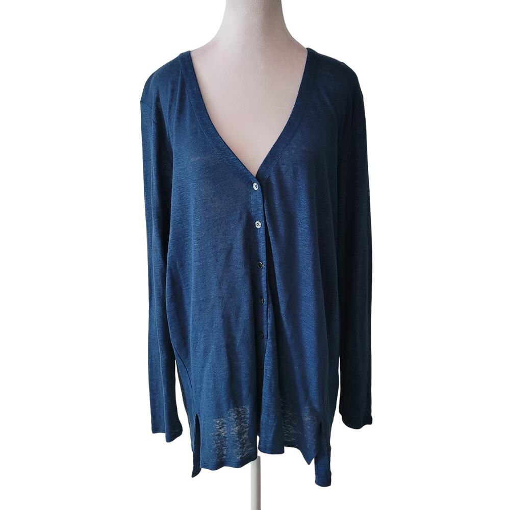 J.Jill Love Linen‎ Size L 100% Linen Blue V-Neck Button Up Cardigan Sweater